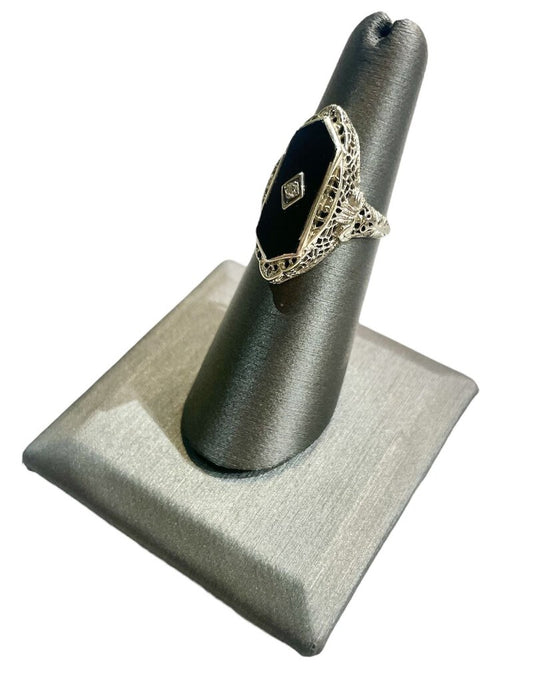 14KT WG BLK ONYX W/DIAMOND CENTER VINTAGE RING SZ 5.5
