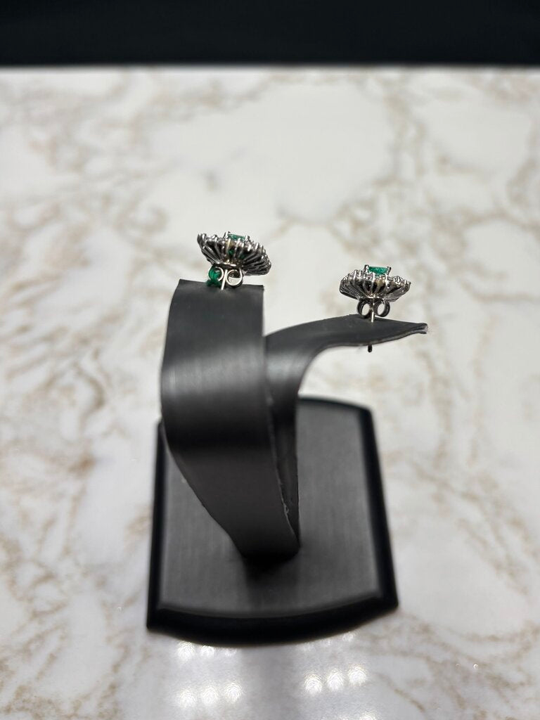 14KT WG 1/2TW EMERALD CUT EMERALDS W/DOUBLE HALO DIAMOND STUD EARRINGS