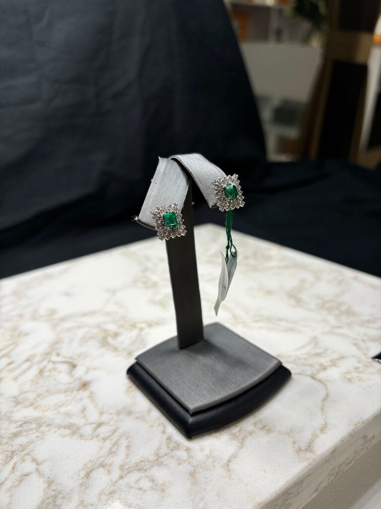 14KT WG 1/2TW EMERALD CUT EMERALDS W/DOUBLE HALO DIAMOND STUD EARRINGS