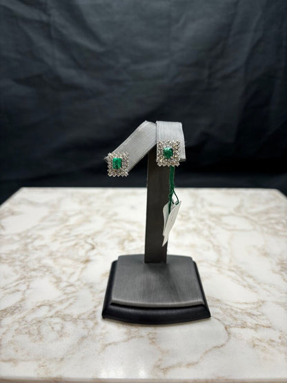 14KT WG 1/2TW EMERALD CUT EMERALDS W/DOUBLE HALO DIAMOND STUD EARRINGS