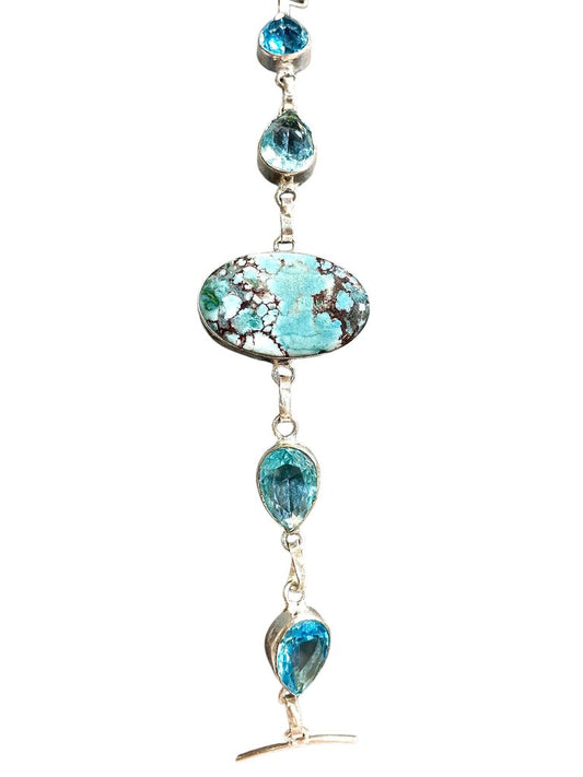 SS OVAL TURQ CTR W/ BLUE TOPAZ PEAR SHAPE TENNIS BRACELET