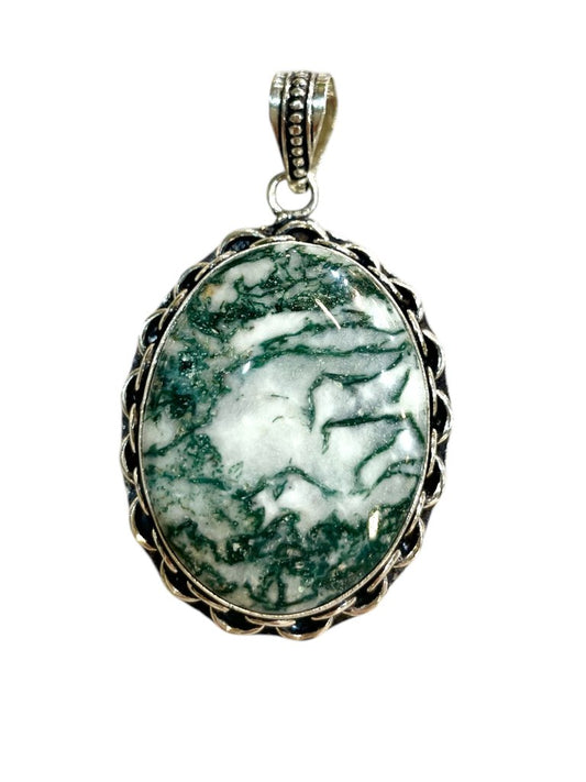 SS GREEN TREE AGATE OVAL BEZEL SET PENDANT NO CHAIN