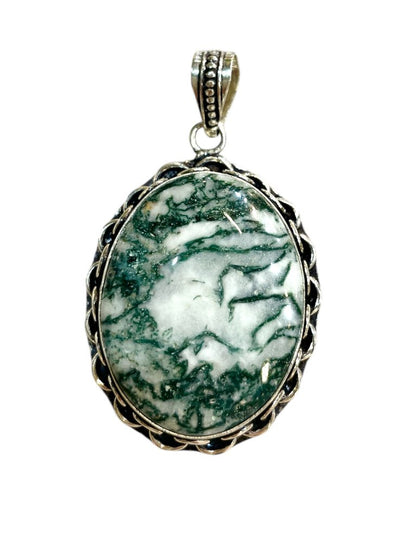 SS GREEN TREE AGATE OVAL BEZEL SET PENDANT NO CHAIN