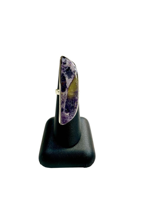 SS ALONGATED PURPLE FLUORITE BEZEL SET RING SZ 5.5