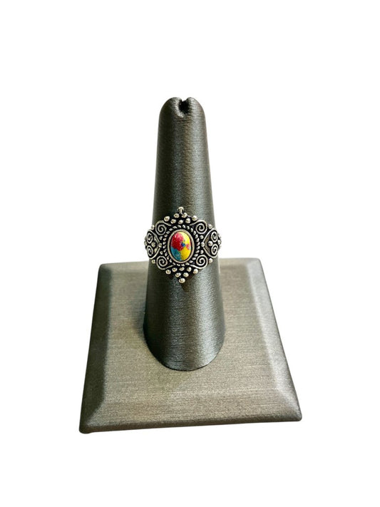 SS RAINBOW CALSILICA BEZEL SET BALI STYLE RING SZ 8