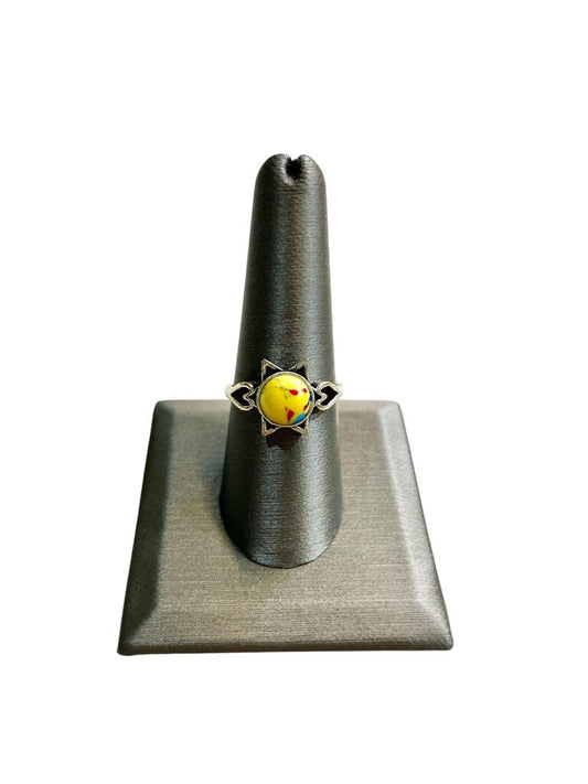 SS RAINBOW CALSILICA BEZEL SET SUN DESIGN RING SZ 8.5
