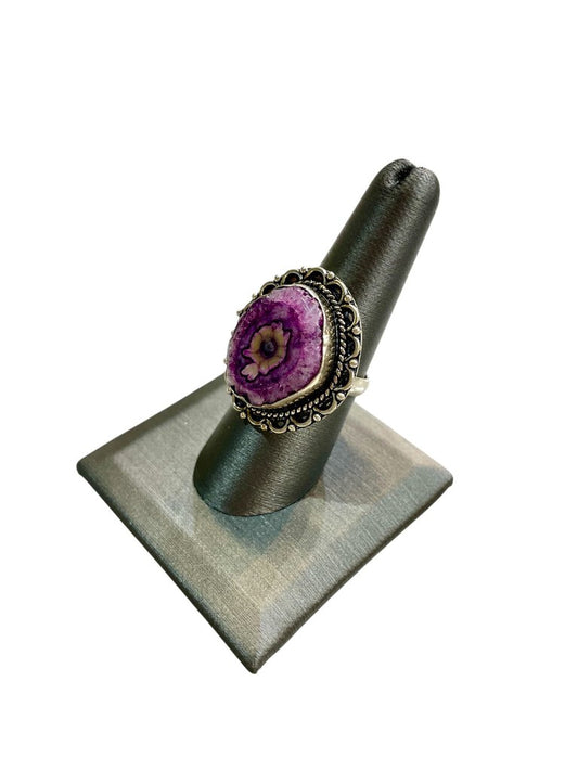 SS SOLAR QUARTZ BEZEL SET PURPLE RING SZ 8