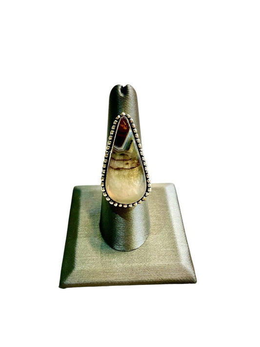 SS MONTANA MOSS AGATE PEAR SHAPE BEZEL SET RING SZ 8
