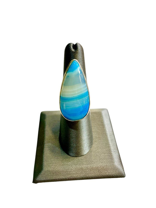 SS BLUE BOZWANA AGATE (HEAT TREATED BLUE) RING PEAR SHAPE BEZEL SET RING SZ 5.5