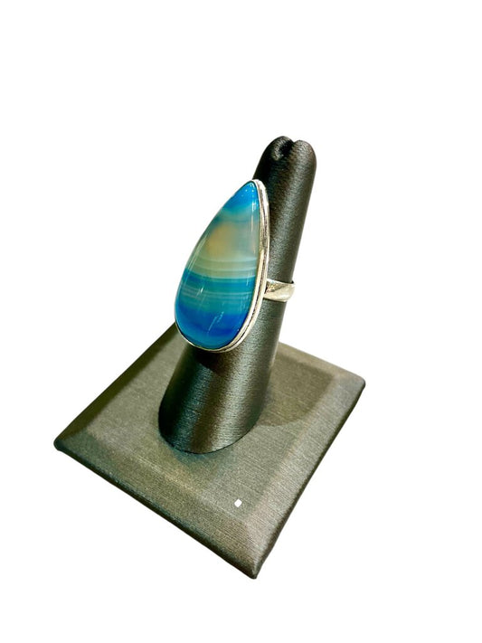 SS BLUE BOZWANA AGATE (HEAT TREATED BLUE) RING PEAR SHAPE BEZEL SET RING SZ 5.5