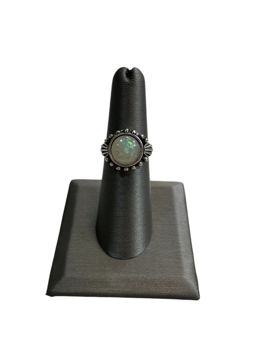 PLATED OPAL BEZEL SET BEADED DESIGN BAND SZ 6