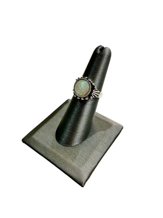 PLATED OPAL BEZEL SET BEADED DESIGN BAND SZ 6