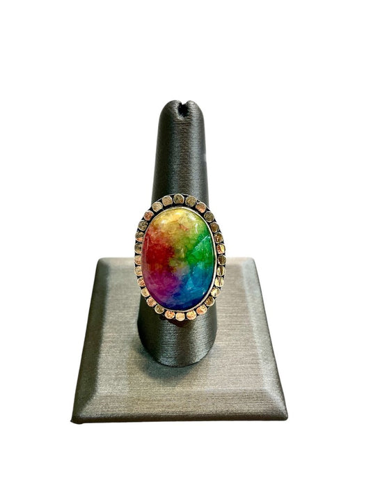 SS MULTI COLOR ENHANCED QUARTZ LARGE STONE BEADED HALO RING SZ 8.5