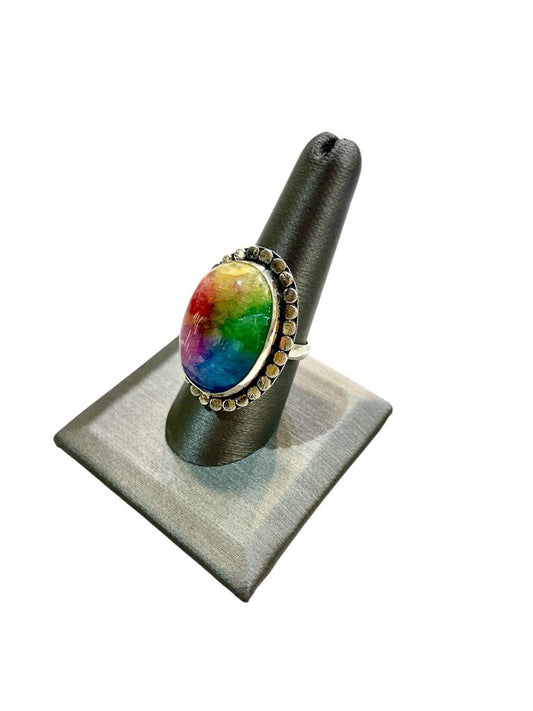 SS MULTI COLOR ENHANCED QUARTZ LARGE STONE BEADED HALO RING SZ 8.5