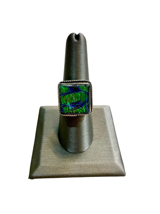 SS LARGE SQUARE BEZEL SET CREATED AMMONITE RING SZ 8