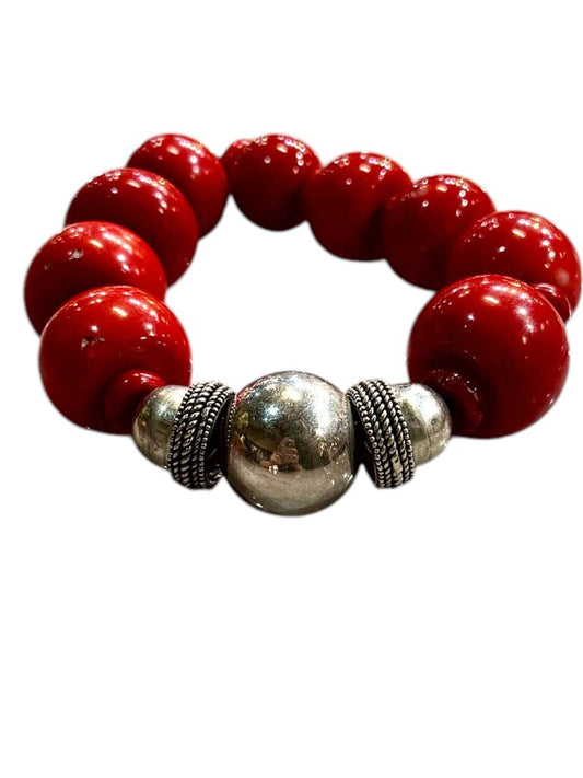 SS RED BEADS W/SILVER BEADS STRETCH BRACELET