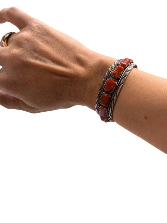 SS CORAL CUFF BRACELET STAMPED NAVAJO SPENCER