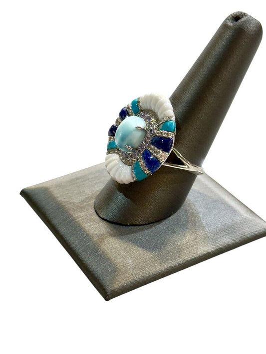 SS LARMAR CTR W/INLAY TURQ LAPIS HALO FASHION RING SZ 9
