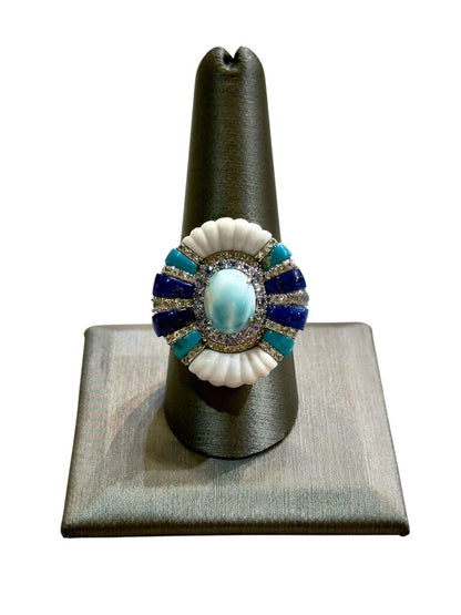 SS LARMAR CTR W/INLAY TURQ LAPIS HALO FASHION RING SZ 9