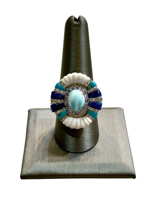 SS LARMAR CTR W/INLAY TURQ LAPIS HALO FASHION RING SZ 9