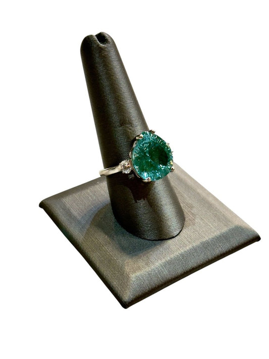 SS FANCY CUT TEAL CZ STONE PPF STYLE RING SZ 9