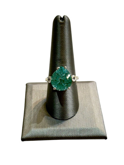 SS FANCY CUT TEAL CZ STONE PPF STYLE RING SZ 9