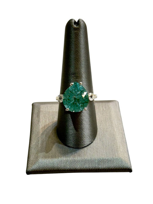 SS FANCY CUT TEAL CZ STONE PPF STYLE RING SZ 9