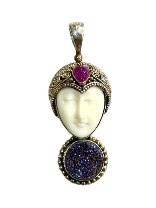 SS SARDA PRINCESS W/GARNET & DRUZY PENDANT NO CHAIN