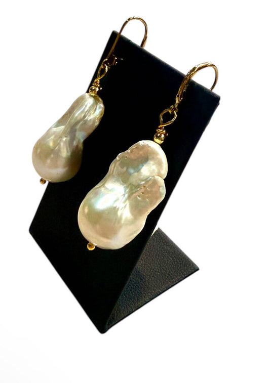 14KT YG LARGE BARAQUE PEARL DANGLE EARRINGS
