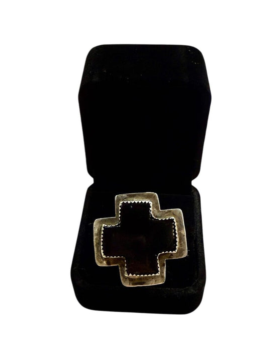 SS BLK ONYX CROSS RING STAMPED SILVER CLOUD INC SZ 7