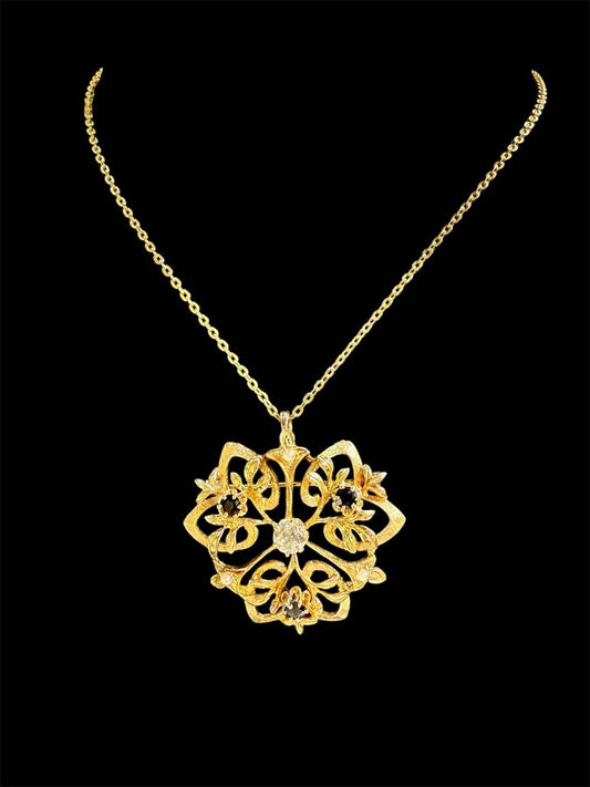 14KT LARGE PIN/PENDANT 1/2CT MINER DIA W/SAPPHIRE VINTAGE ON PLATED CHAIN