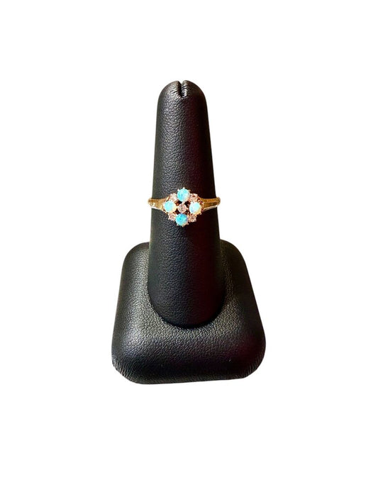 14KT YG FLOWER STYLE OPAL CLUSTER RING W/DIA ACCENT
