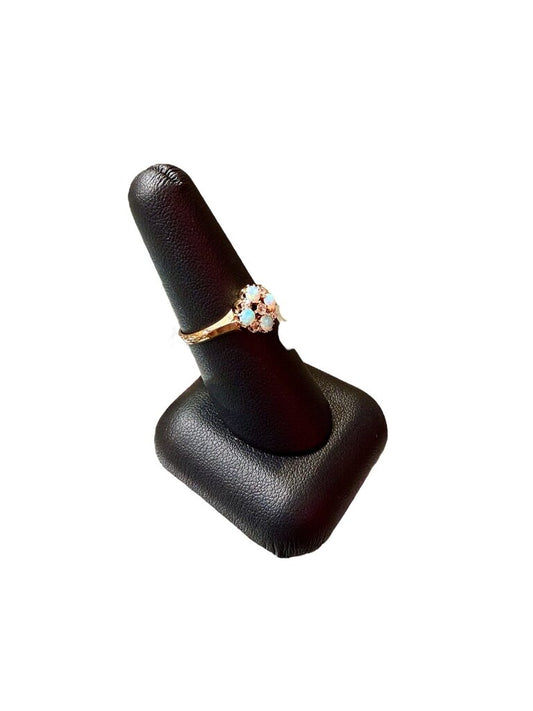 14KT YG FLOWER STYLE OPAL CLUSTER RING W/DIA ACCENT
