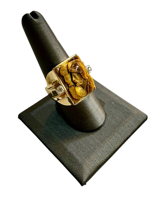 10KT YG DOUBLE FACE TROJAN TIGERS EYE W/RB RING SZ 9