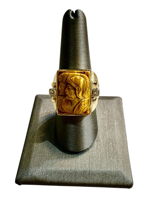 10KT YG DOUBLE FACE TROJAN TIGERS EYE W/RB RING SZ 9