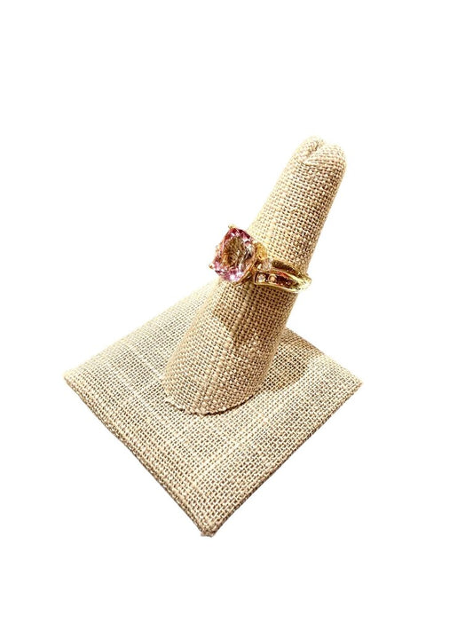 14KT YG LARGE PINK TOPAZ W/6RB SZ 7