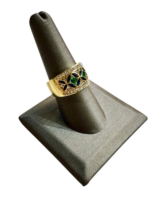 18KT YG SAPPHIRE EMERALD & DIAMOND RING W/APPRAISAL UNIVERSAL SHANK