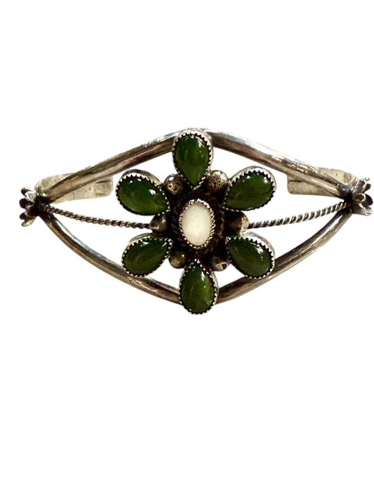 SS MOP GREEN JADE FLOWER DESIGN CUFF BRACELET