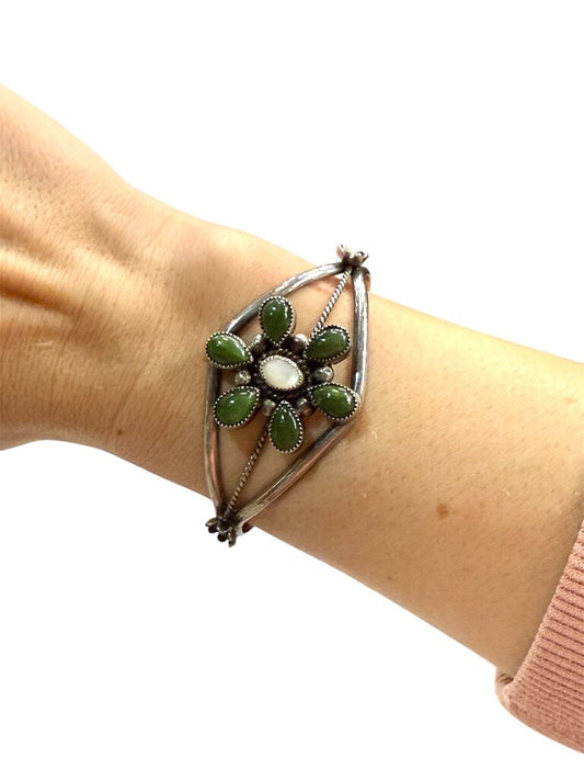 SS MOP GREEN JADE FLOWER DESIGN CUFF BRACELET