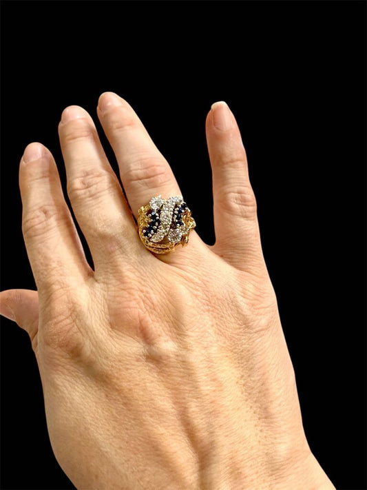 14KT YG BRANCH STYLE CLUSTER DIAMOND & SAPPHIRE 1TW RING SZ 6