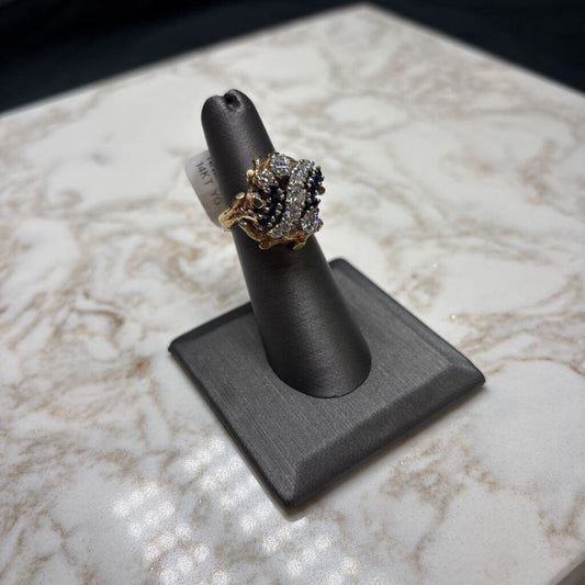 14KT YG BRANCH STYLE CLUSTER DIAMOND & SAPPHIRE 1TW RING SZ 6
