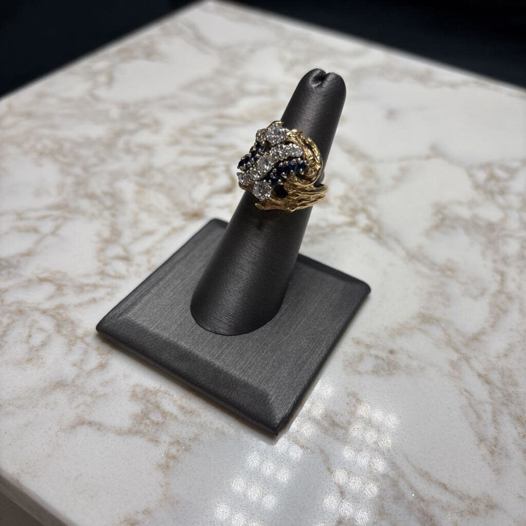 14KT YG BRANCH STYLE CLUSTER DIAMOND & SAPPHIRE 1TW RING SZ 6