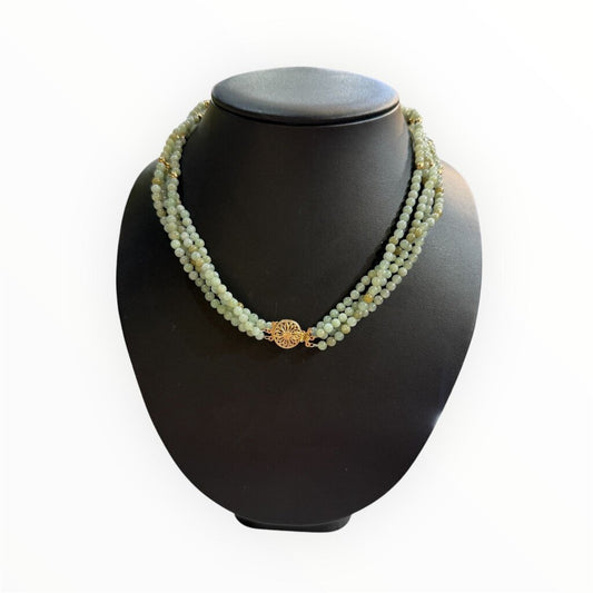 14KT YG MULTI STRAND GREEN JADE NECKLACE