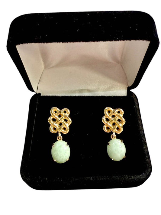 14KT YG OVAL GREEN JADE DROP EARRINGS