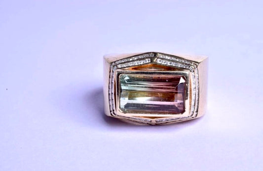 10kt YG LARGE BI/COLOR TOURMALINE 6.8CT W/DIAMONDS 1.1CTTW G-H SI2 W/CURRANT PAPERS RING SZ 10