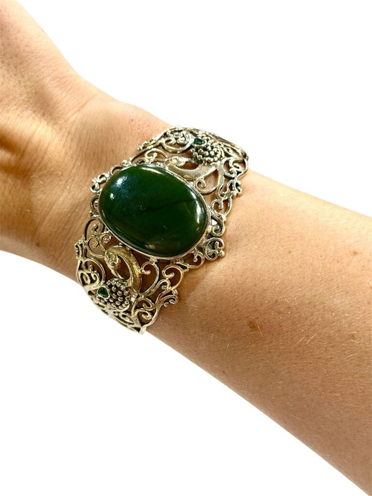 SS OVAL MALACITE W/PERIDOT PEACOCK CUFF BRACELET