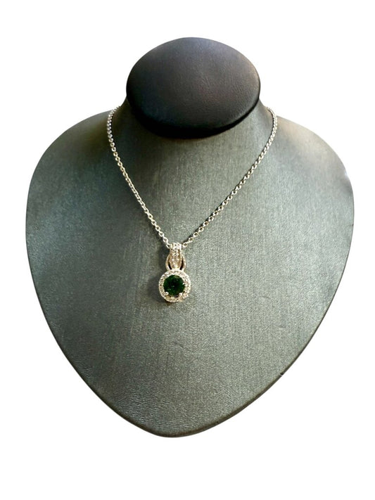 SS CHROME DIOPSIDE EMERALD CUT W/HALO PENDANT ON 18" CHAIN