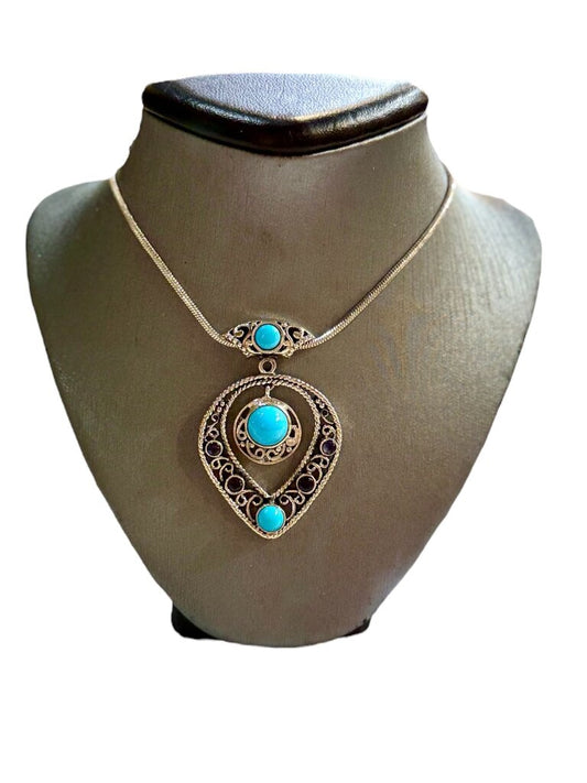 SS TURQ & SAPPHIRE DROP PENDANT ON PLATED CHAIN