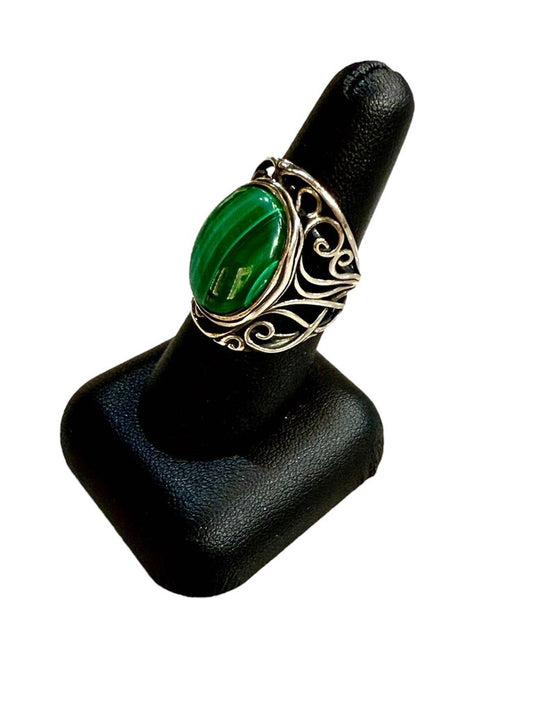 SS MALACITE OVAL BEZEL SET RING SZ 8