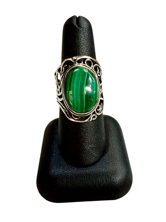 SS MALACITE OVAL BEZEL SET RING SZ 8